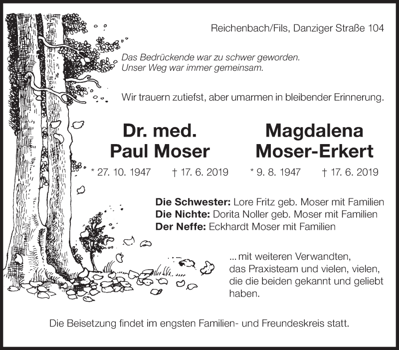  Traueranzeige für Magdalena Moser-Erkert vom 22.06.2019 aus Eßlinger Zeitung/Cannstatter Zeitung