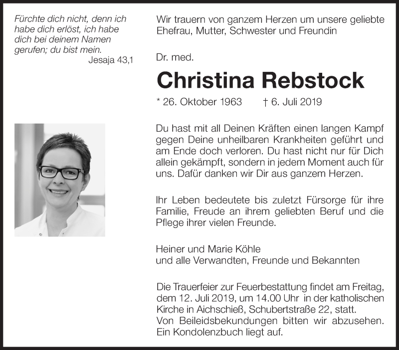  Traueranzeige für Christina Rebstock vom 10.07.2019 aus Eßlinger Zeitung/Cannstatter Zeitung