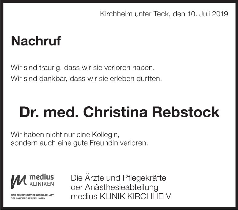  Traueranzeige für Christina Rebstock vom 10.07.2019 aus Eßlinger Zeitung/Cannstatter Zeitung