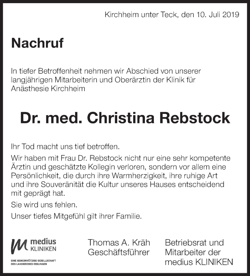  Traueranzeige für Christina Rebstock vom 10.07.2019 aus Eßlinger Zeitung/Cannstatter Zeitung