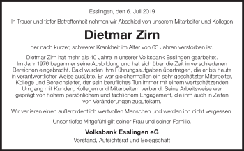 Traueranzeige von Dietmar Zirn von Eßlinger Zeitung/Cannstatter Zeitung
