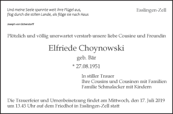 Traueranzeige von Elfriede Choynowski von Eßlinger Zeitung/Cannstatter Zeitung