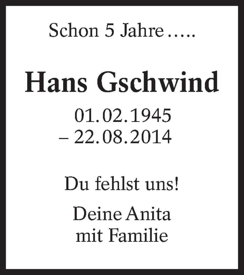  Traueranzeige für Hans Gschwind vom 22.08.2019 aus Eßlinger Zeitung/Cannstatter Zeitung