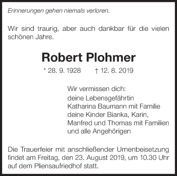 Traueranzeige von Robert Plohmer von Eßlinger Zeitung/Cannstatter Zeitung