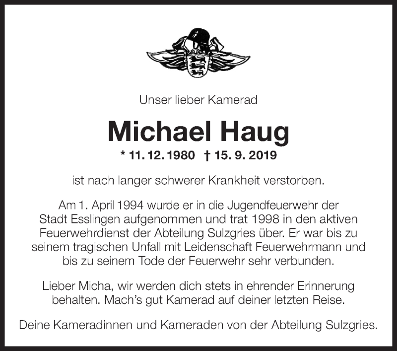  Traueranzeige für Michael Haug vom 20.09.2019 aus Eßlinger Zeitung/Cannstatter Zeitung