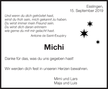 Traueranzeige von Michi  von Eßlinger Zeitung/Cannstatter Zeitung