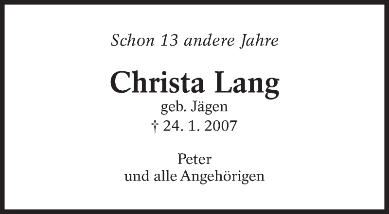  Traueranzeige für Christa Lang vom 24.01.2020 aus Eßlinger Zeitung/Cannstatter Zeitung