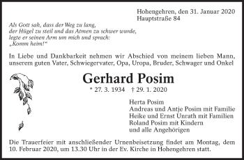 Traueranzeige von Gerhard Posim von Eßlinger Zeitung/Cannstatter Zeitung