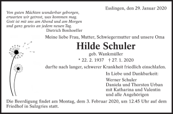 Traueranzeige von Hilde Schuler von Eßlinger Zeitung/Cannstatter Zeitung