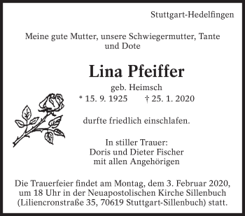 Traueranzeige von Lina Pfeiffer von Eßlinger Zeitung/Cannstatter Zeitung