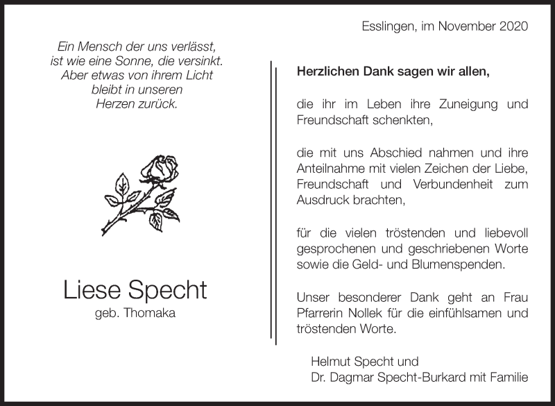  Traueranzeige für Liese Specht vom 12.11.2020 aus Eßlinger Zeitung/Cannstatter Zeitung