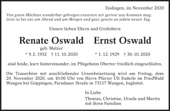 Traueranzeige von Renate Ernst Oswald von Eßlinger Zeitung/Cannstatter Zeitung
