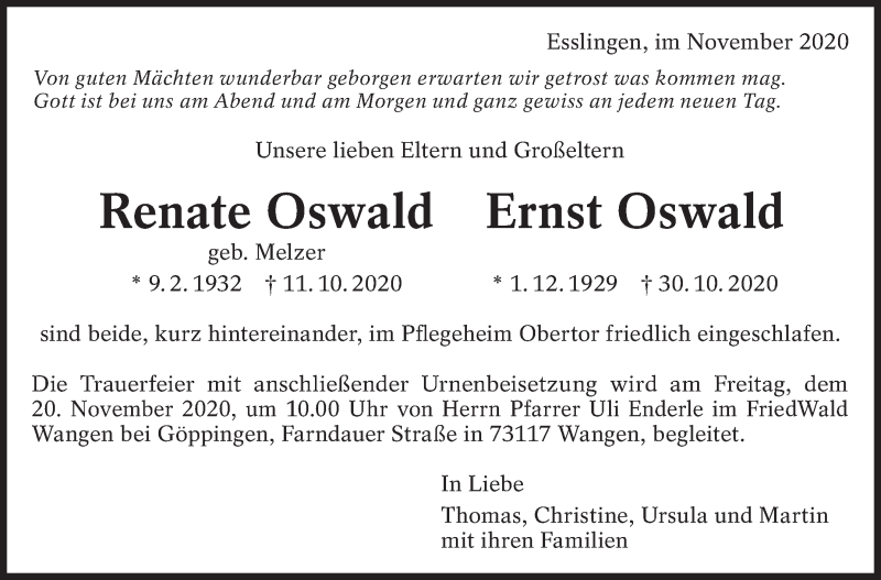  Traueranzeige für Renate Ernst Oswald vom 07.11.2020 aus Eßlinger Zeitung/Cannstatter Zeitung