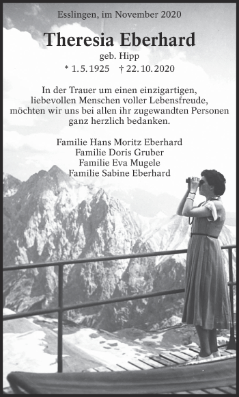 Traueranzeige von Theresia Eberhard von Eßlinger Zeitung/Cannstatter Zeitung