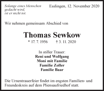 Traueranzeige von Thomas Sewkow von Eßlinger Zeitung/Cannstatter Zeitung