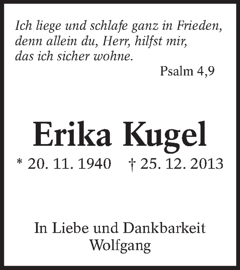  Traueranzeige für Erika Kugel vom 24.12.2020 aus Eßlinger Zeitung/Cannstatter Zeitung