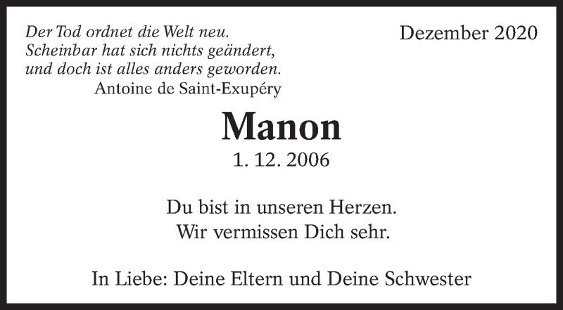  Traueranzeige für Manon  vom 01.12.2020 aus Eßlinger Zeitung/Cannstatter Zeitung