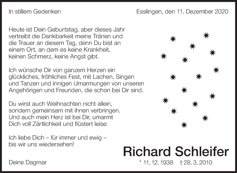  Traueranzeige für Richard Schleifer vom 11.12.2020 aus Eßlinger Zeitung/Cannstatter Zeitung