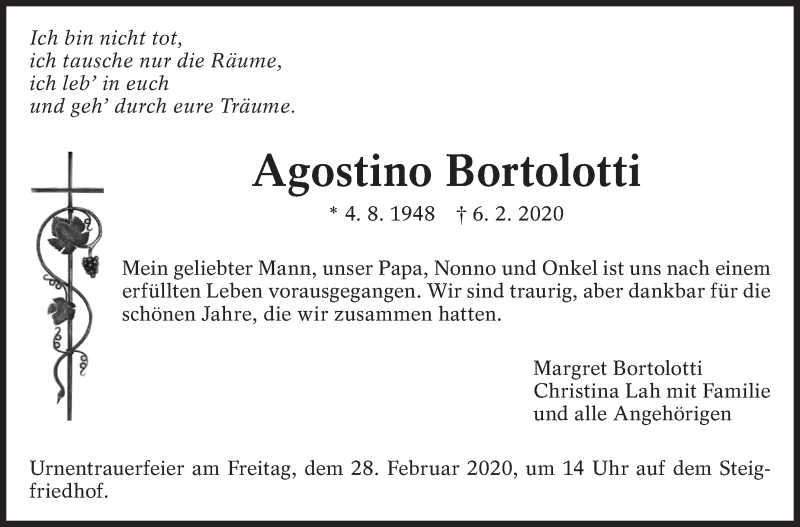  Traueranzeige für Agostino Bortolotti vom 26.02.2020 aus Eßlinger Zeitung/Cannstatter Zeitung
