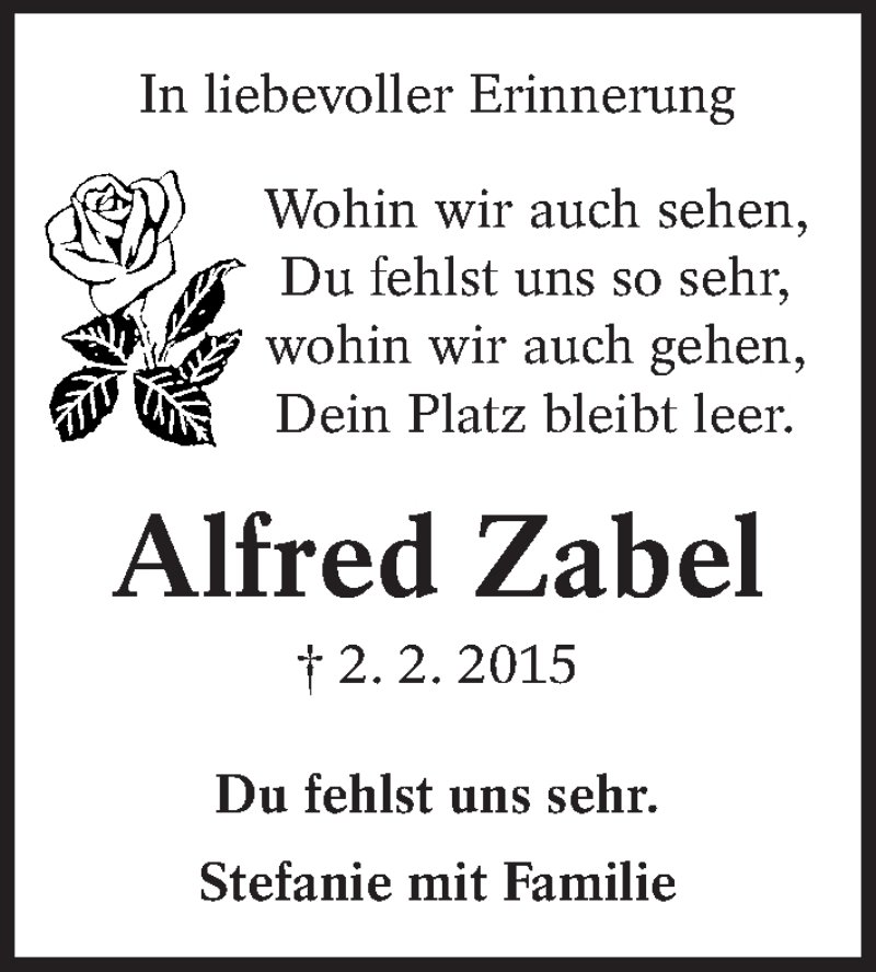  Traueranzeige für Alfred Zabel vom 03.02.2020 aus Eßlinger Zeitung/Cannstatter Zeitung
