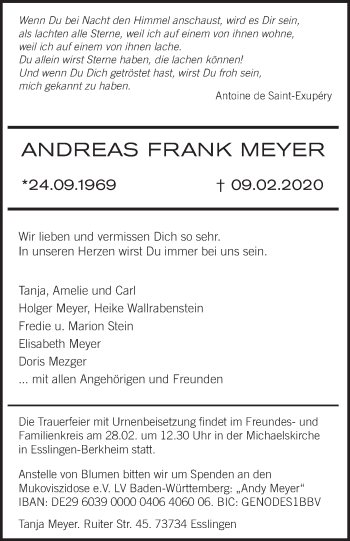 Traueranzeige von Andreas Frank Meyer von Eßlinger Zeitung/Cannstatter Zeitung