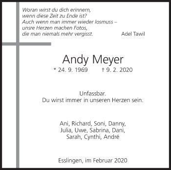 Traueranzeige von Andy Meyer von Eßlinger Zeitung/Cannstatter Zeitung
