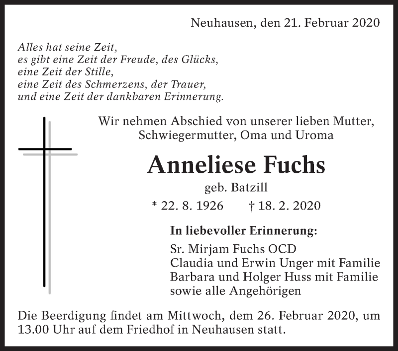  Traueranzeige für Anneliese Fuchs vom 21.02.2020 aus Eßlinger Zeitung/Cannstatter Zeitung
