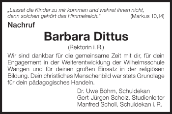 Traueranzeige von Barbara Dittus von Eßlinger Zeitung/Cannstatter Zeitung