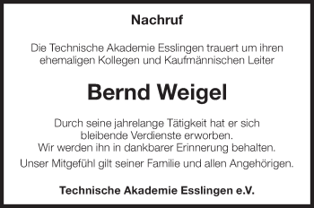 Traueranzeige von Bernd Weigel von Eßlinger Zeitung/Cannstatter Zeitung