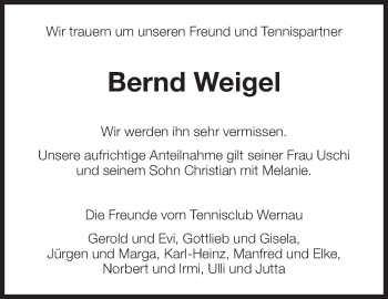 Traueranzeige von Bernd Weigel von Eßlinger Zeitung/Cannstatter Zeitung