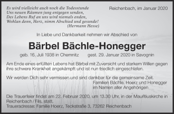 Traueranzeige von Bärbel Bächle-Honegger von Eßlinger Zeitung/Cannstatter Zeitung
