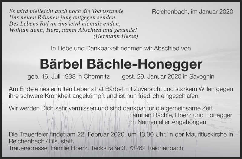  Traueranzeige für Bärbel Bächle-Honegger vom 15.02.2020 aus Eßlinger Zeitung/Cannstatter Zeitung