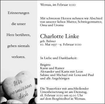 Traueranzeige von Charlotte Linke von Eßlinger Zeitung/Cannstatter Zeitung