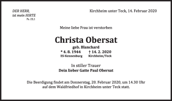 Traueranzeige von Christa Obersat von Eßlinger Zeitung/Cannstatter Zeitung