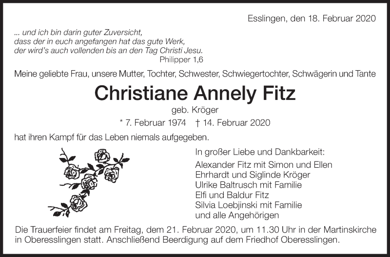  Traueranzeige für Christiane Annely Fitz vom 18.02.2020 aus Eßlinger Zeitung/Cannstatter Zeitung