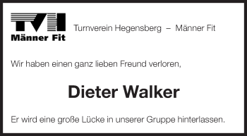 Traueranzeige von Dieter Walker von Eßlinger Zeitung/Cannstatter Zeitung