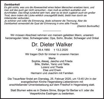 Traueranzeige von Dieter Walker von Eßlinger Zeitung/Cannstatter Zeitung
