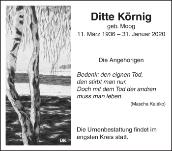 Traueranzeige von Ditte Körnig von Eßlinger Zeitung/Cannstatter Zeitung