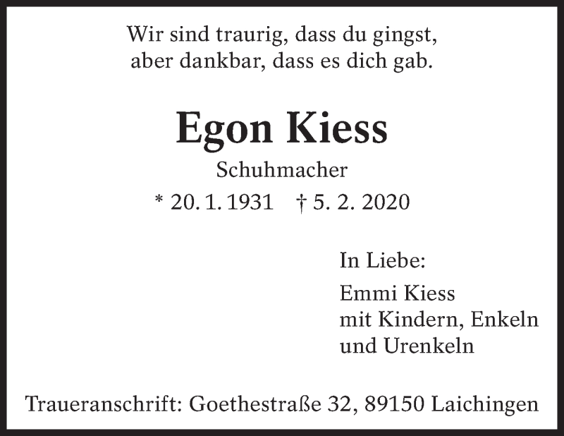  Traueranzeige für Egon Kiess vom 08.02.2020 aus Eßlinger Zeitung/Cannstatter Zeitung
