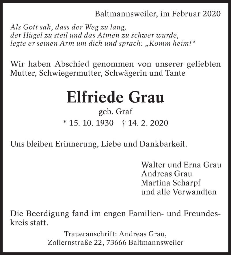  Traueranzeige für Elfriede Grau vom 26.02.2020 aus Eßlinger Zeitung/Cannstatter Zeitung
