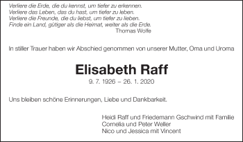 Traueranzeige von Elisabeth Raff von Eßlinger Zeitung/Cannstatter Zeitung