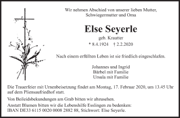 Traueranzeige von Else Seyerle von Eßlinger Zeitung/Cannstatter Zeitung