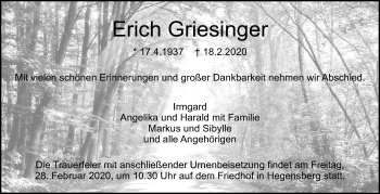 Traueranzeige von Erich Griesinger von Eßlinger Zeitung/Cannstatter Zeitung