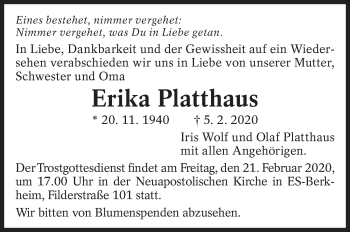 Traueranzeige von Erika Platthaus von Eßlinger Zeitung/Cannstatter Zeitung