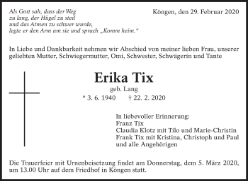 Traueranzeige von Erika Tix von Eßlinger Zeitung/Cannstatter Zeitung