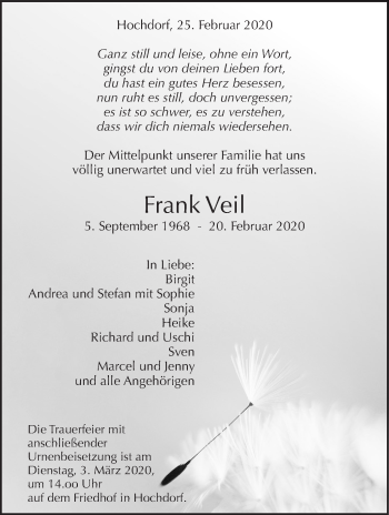 Traueranzeige von Frank Veil von Eßlinger Zeitung/Cannstatter Zeitung