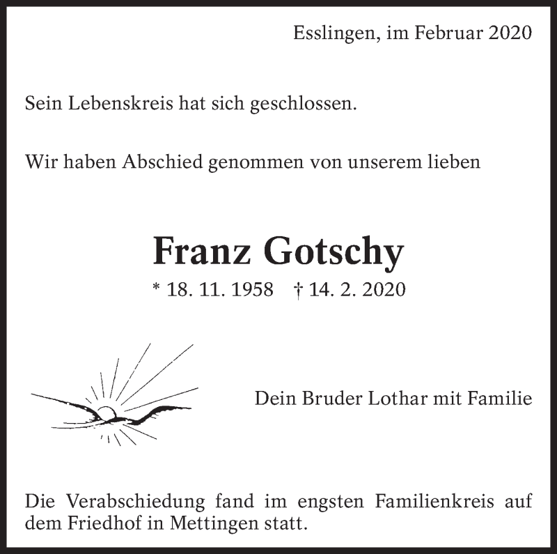  Traueranzeige für Franz Gotschy vom 28.02.2020 aus Eßlinger Zeitung/Cannstatter Zeitung