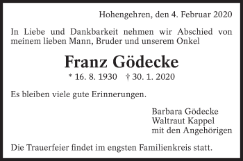 Traueranzeige von Franz Gödecke von Eßlinger Zeitung/Cannstatter Zeitung