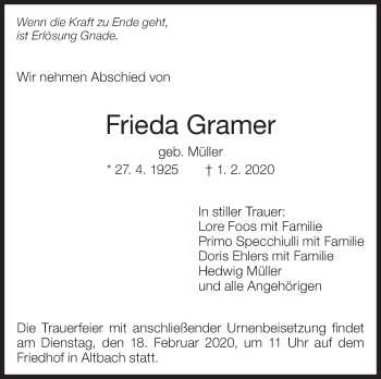Traueranzeige von Frieda Gramer von Eßlinger Zeitung/Cannstatter Zeitung