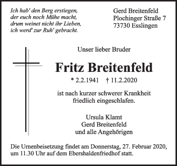 Traueranzeige von Fritz Breitenfeld von Eßlinger Zeitung/Cannstatter Zeitung